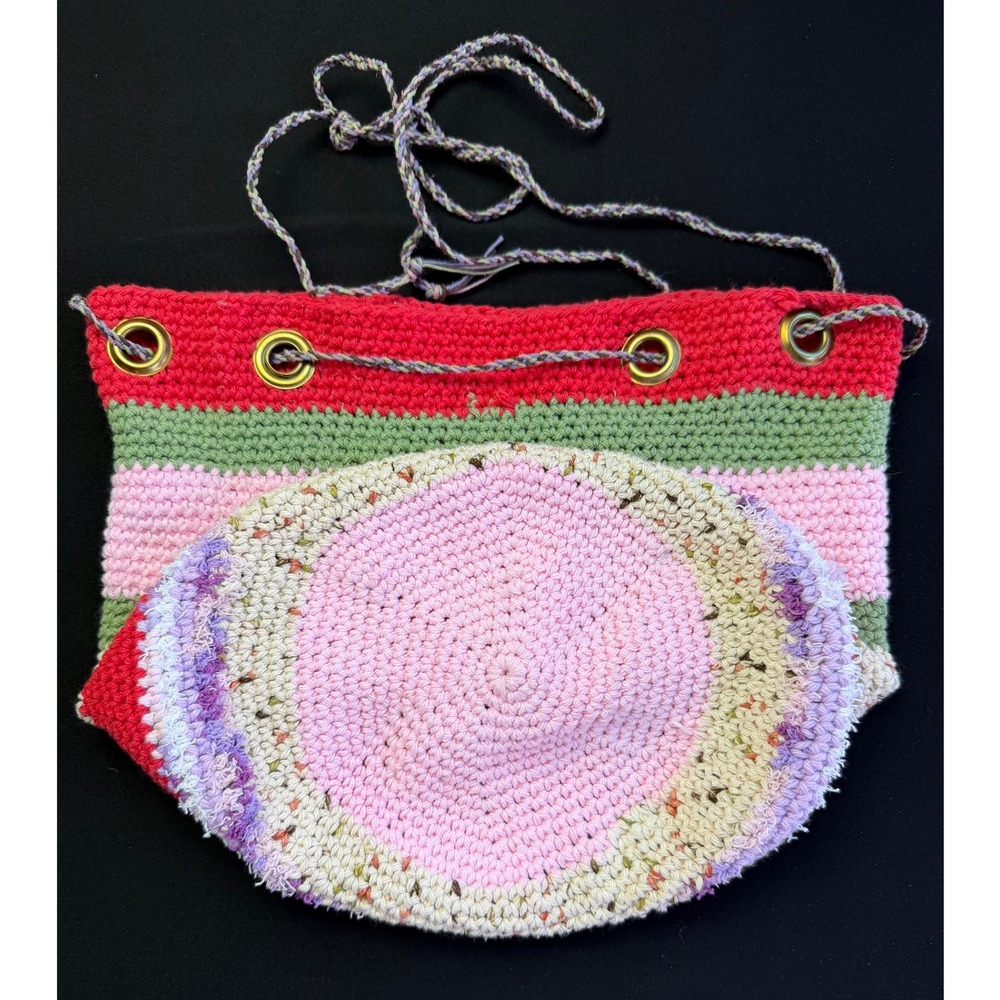 Handcrafted Crochet Bucket Bag Pink Green Striped Boho Drawstring Purse Whimsy - Picture 6 of 12